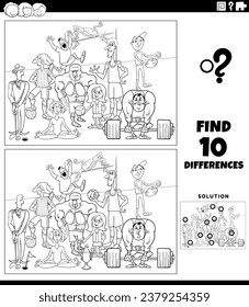 Black and white cartoon illustration of finding the differences between pictures educational activity with sport athletes characters coloring page