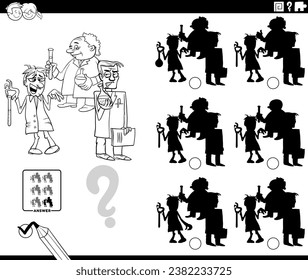 Schwarz-Weiß-Cartoon-Illustration zum Finden des richtigen Bildes für das Schattenpädagogik mit Wissenschaftlern oder Erfindern, Zeichen-Farbseiten
