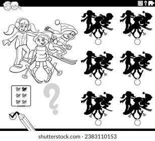 Black and white cartoon illustration of finding the right picture to the shadow educational game with girls characters skiing and snowboarding coloring page