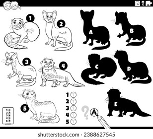 Black and white cartoon illustration of finding the right shadows to the pictures educational game with animal characters coloring page
