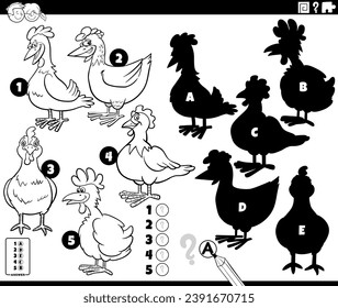 Black and white cartoon illustration of finding the right shadows to the pictures educational game with chickens characters coloring page