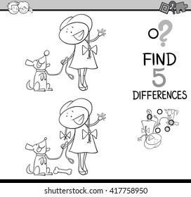 Black and White Cartoon Illustration of Finding Differences Educational Activity Task for Preschool Children with Girl and her Dog for Coloring Book