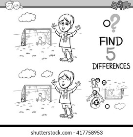 Black and White Cartoon Illustration of Finding Differences Educational Activity Task for Preschool Children with Boy Playing Soccer for Coloring Book