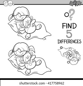 Black and White Cartoon Illustration of Finding Differences Educational Activity Task for Preschool Children with Girl and Teddy for Coloring Book
