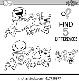 Black and White Cartoon Illustration of Finding Differences Educational Activity for Preschool Children with Boy and his Dog for Coloring Book