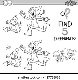 Black and White Cartoon Illustration of Finding Differences Educational Activity Task for Preschool Children with Winter Fun for Coloring Book