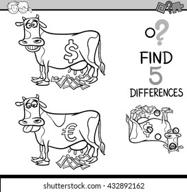 Black and White Cartoon Illustration of Finding Differences Educational Activity Task for Preschool Children with Cash Cow Saying for Coloring Book