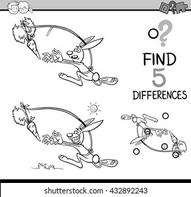 Black and White Cartoon Illustration of Finding Differences Educational Activity Task for Preschool Children with Dangling a Carrot Saying for Coloring Book