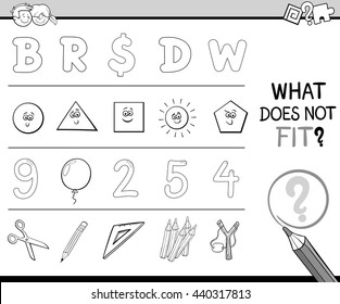 Black and White Cartoon Illustration of Finding Improper Item in the Row Educational Activity for Preschool Children for Children Coloring Book