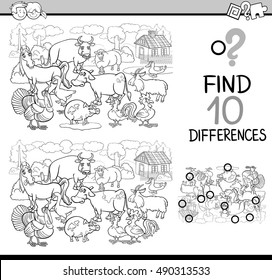 Black and White Cartoon Illustration of Finding Differences Educational Activity Game for Children with Farm Animal Characters Coloring Book