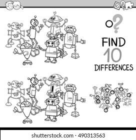 Black and White Cartoon Illustration of Finding Differences Educational Activity Game for Children with Robots Fantasy Characters Coloring Book