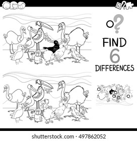 Black and White Cartoon Illustration of Finding Differences Educational Activity Game for Children with Birds Animal Characters Coloring Book