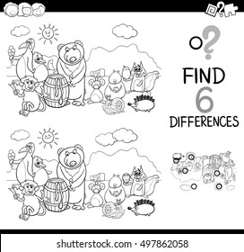 Black and White Cartoon Illustration of Finding Differences Educational Activity for Children with Animal Characters Coloring Book