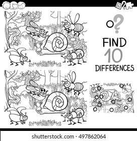 Black and White Cartoon Illustration of Finding Details Educational Activity for Children with Insect and Bugs Characters Coloring Book