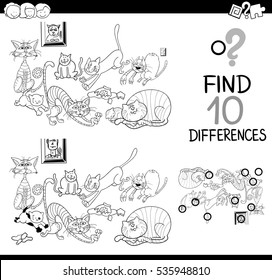 Black and White Cartoon Illustration of Finding Details Educational Activity for Children with Cats Animal Characters Coloring Page