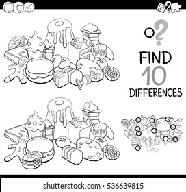 Black and White Cartoon Illustration of Finding Differences Educational Activity for Children with Sweet Food Coloring Page