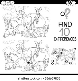 Black and White Cartoon Illustration of Finding Differences Educational Activity for Children with Wild Animal Characters Coloring Page