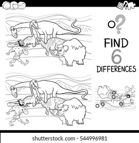 Black and White Cartoon Illustration of Finding the Details Educational Activity for Children with Prehistoric Characters Coloring Page