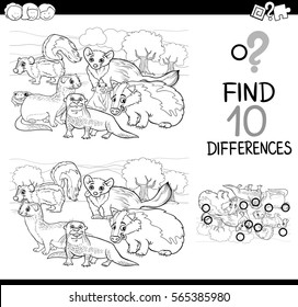 Black and White Cartoon Illustration of Finding Differences Educational Activity for Children with Wild Animal Characters Coloring Page