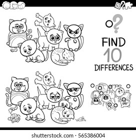 Black and White Cartoon Illustration of Finding Differences Educational Activity for Children with Kittens Animal Characters Coloring Page