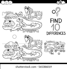 Black and White Cartoon Illustration of Finding Differences Educational Activity for Children with Animal Characters Coloring Page