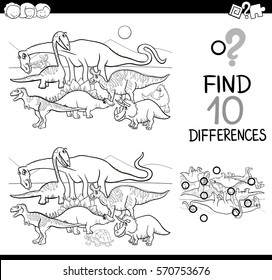Black and White Cartoon Illustration of Finding Differences Educational Activity for Children with Kittens Dinosaur Animal Characters Coloring Page