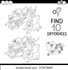 Black and White Cartoon Illustration of Finding Differences Educational Activity for Children with Running Cat Characters Coloring Book