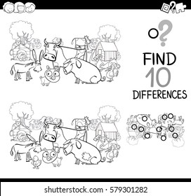 Black and White Cartoon Illustration of Finding Differences Educational Game for Children with Farm Animal Characters Coloring Page