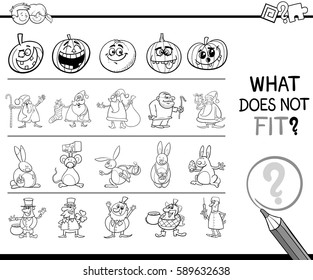 Black and White Cartoon Illustration of Finding Wrong Picture in the Row Educational Activity for Kids with Holiday Characters Coloring Page