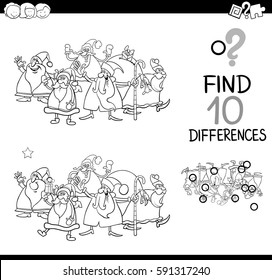 Black and White Cartoon Illustration of Finding Differences Educational Activity for Children with Christmas Characters Coloring Book