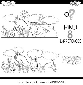 Black and White Cartoon Illustration of Finding Eight Differences Between Two Pictures Educational Activity Game for Kids with Farm Animal Characters Group Coloring Book