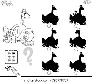 Black and White Cartoon Illustration of Finding the Shadow without Differences Educational Activity for Children with Wild Animal Characters Coloring Book