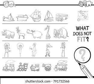 Black and White Cartoon Illustration of Finding Picture that does not Fit in a Row Educational Game with People and Animal and Objects Coloring Book