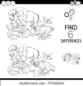 Black and White Cartoon Illustration of Finding Six Differences Between Pictures Educational Activity Game for Kids with Wild Animal Characters Group Coloring Book