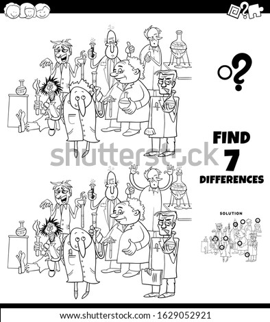 Black and White Cartoon Illustration of Finding Differences Between Pictures Educational Game for Children with Scientist Characters Group in Laboratory Coloring Book Page