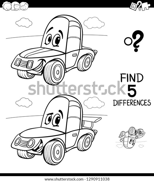 Black and White Cartoon Illustration of\
Finding Five Differences Between Pictures Educational Game for\
Children with Funny Racing Car Coloring\
Book