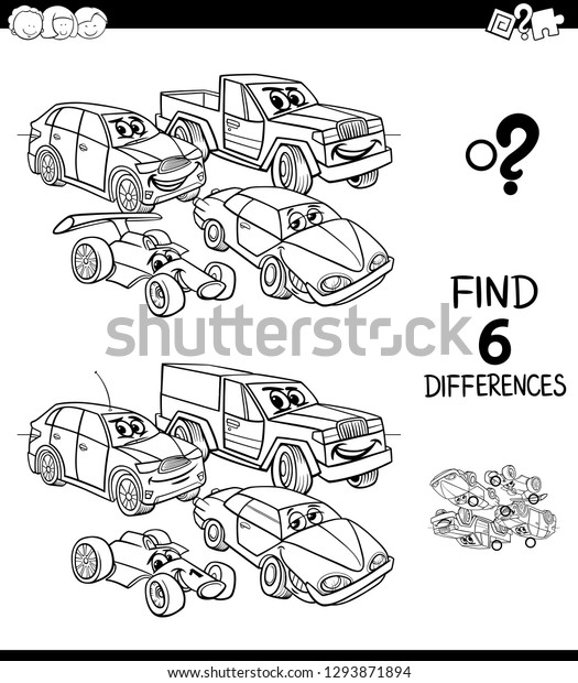 Black and White Cartoon Illustration of Finding Six\
Differences Between Pictures Educational Game for Children with\
Funny Cars Coloring Book