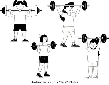 Black and white cartoon illustration of four girls lifting weights in various poses, showcasing strength and fitness.
