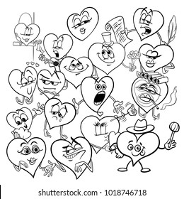 Black and White Cartoon Illustration of Funny Valentines Day Hearts Characters Group Coloring Book