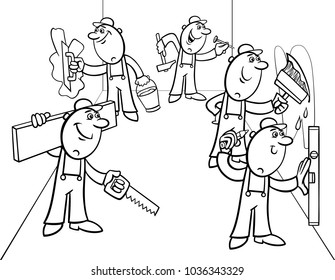 Black and White Cartoon Illustration of Funny Manual Workers Characters or Decorators doing Repairs Coloring Book