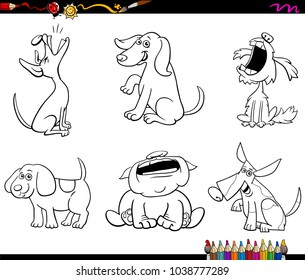Black and White Cartoon Illustration of Funny Dogs Animal Characters Set Coloring Book