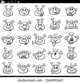 Black and White Cartoon Illustration of Funny Dogs Expressing Emotions or Emoji Icons Set