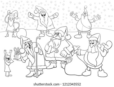 Black and White Cartoon Illustration of Funny Santa Claus Christmas Characters Group Coloring Book