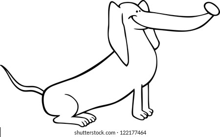 Black and White Cartoon Illustration of Funny Sitting Dachshund Dog for Coloring Book or Coloring Page