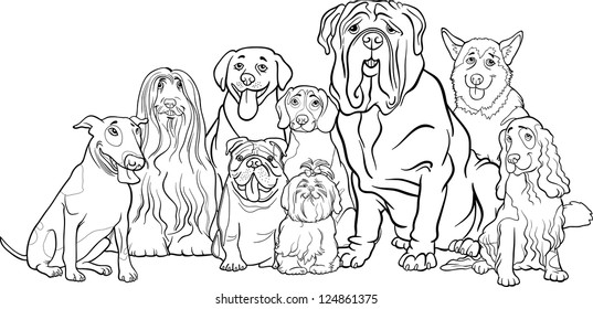 Black and White Cartoon Illustration of Funny Purebred Dogs or Puppies Group for Coloring Book