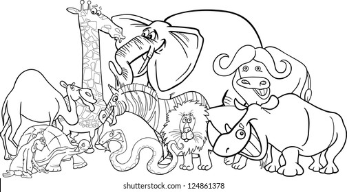 Black and White Cartoon Illustration of Funny African Safari Wild Animals Group for Coloring Book