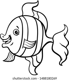 Black and White Cartoon Illustration of Funny Tropical Fish Sea Life Animal Character Coloring Book Page