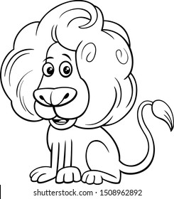 Black and White Cartoon Illustration of Funny Lion Wild Cat Comic Animal Character Coloring Book