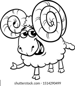 Black and White Cartoon Illustration of Funny Ram Sheep Farm Animal Character Coloring Book Page