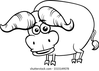 Black and White Cartoon Illustration of Funny African Buffalo Wild Animal Comic Character Coloring Book Page